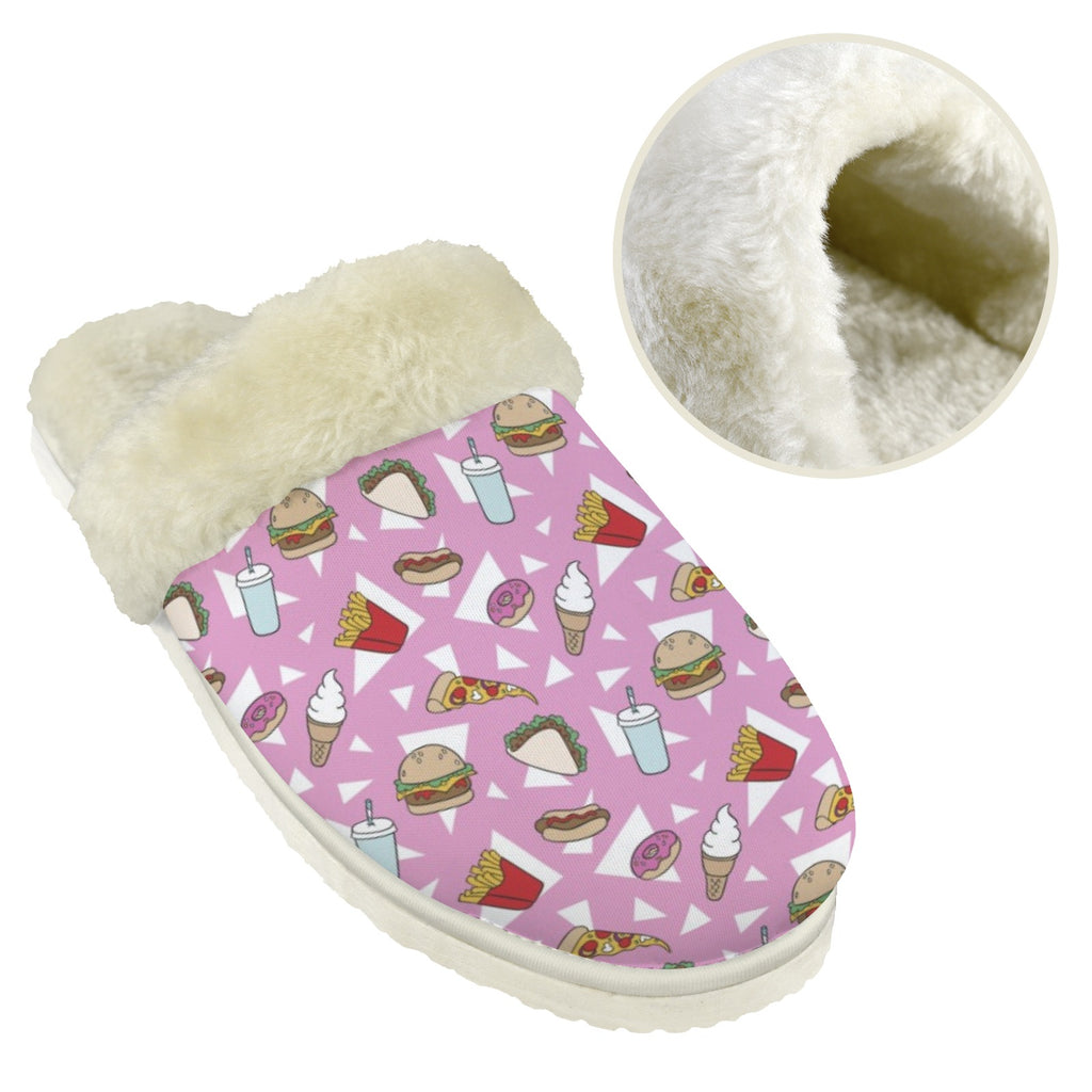Fast Food Men's Fur Trim Thick-Sole Indoor Slippers Men's Fur Trimmed Slippers Food Printed Offshore