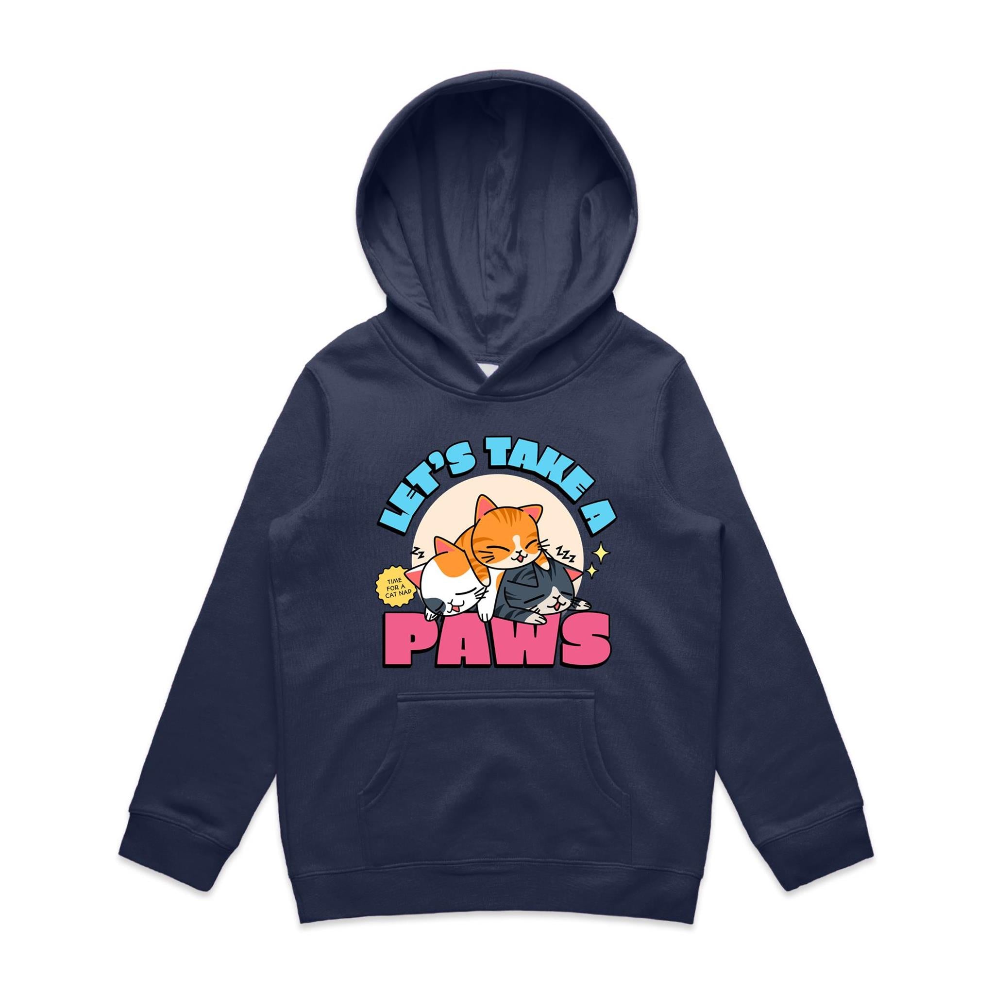 Cat Nap, Let's Take A Paws - Kids Hoodie Midnight Blue Kids Hoodie Printed In Australia