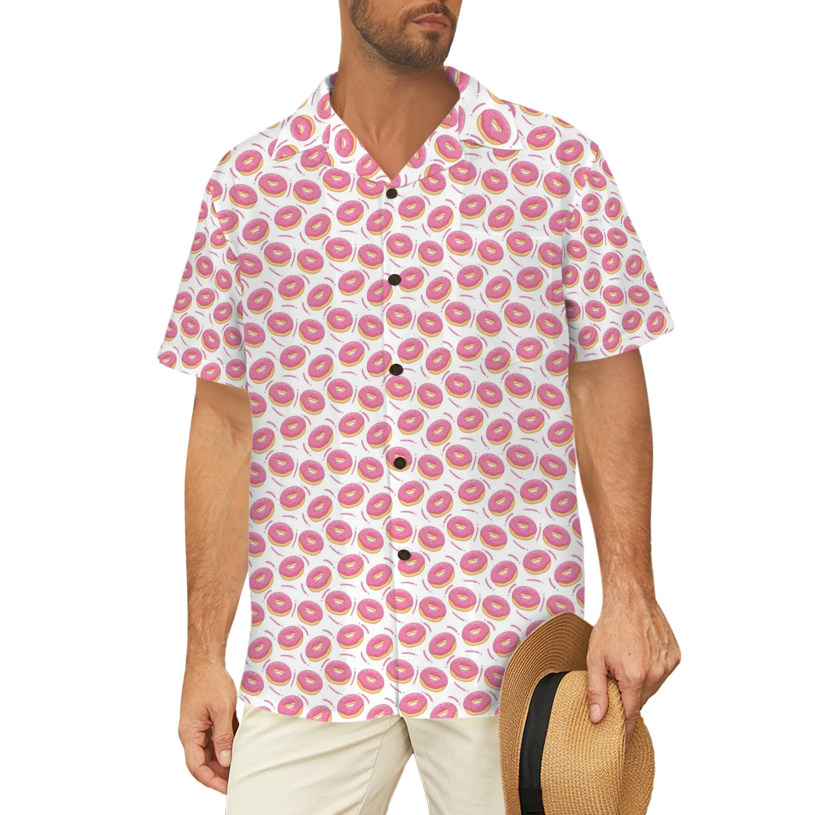 Pink Donuts - Men's Short Sleeve Hawaiian Shirt Men's Hawaiian Shirt (New) Food Printed Offshore