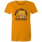 Best Friends, Riding A Bike - Womens T-shirt Orange Womens T-shirt Printed In Australia Retro