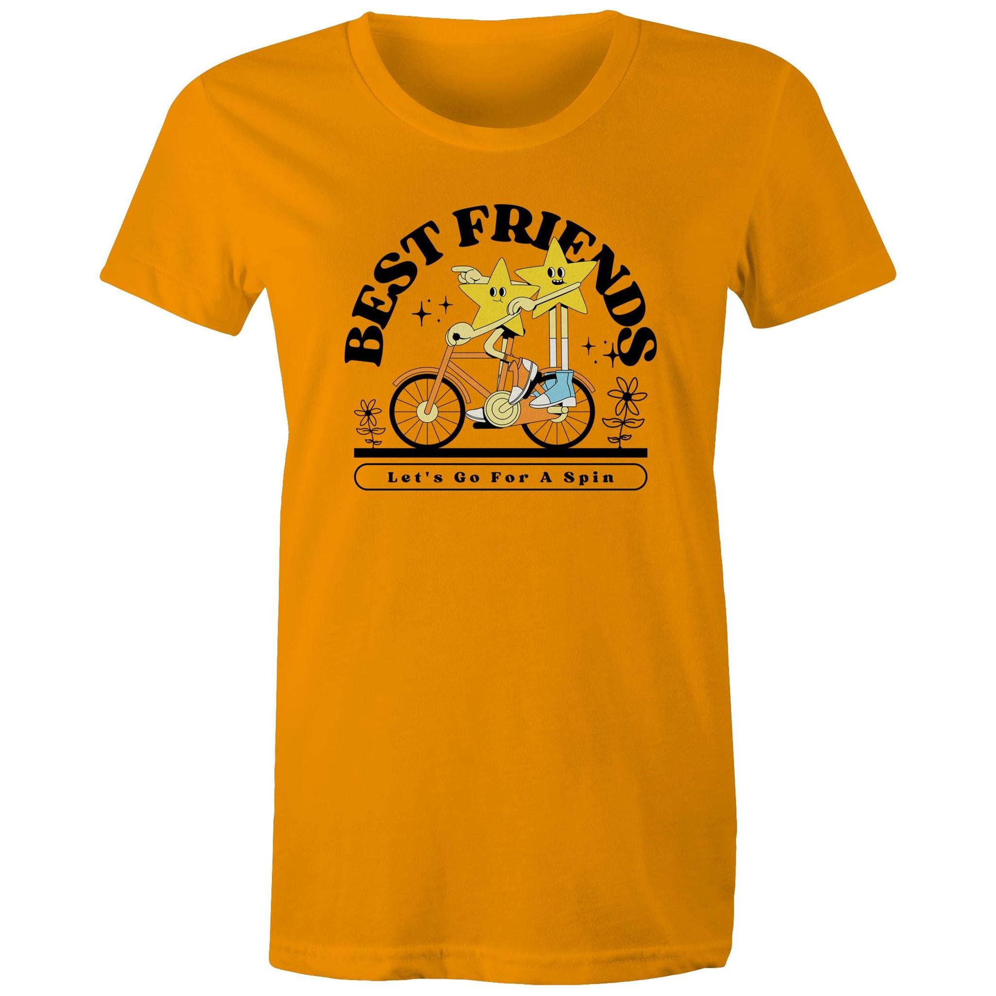 Best Friends, Riding A Bike - Womens T-shirt Orange Womens T-shirt Printed In Australia Retro