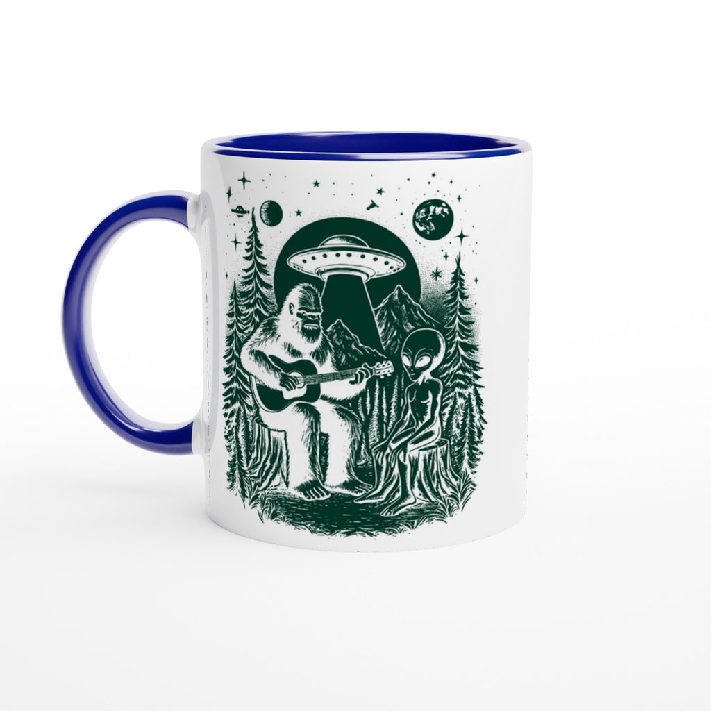 Alien And Bigfoot Play Guitar - White 11oz Ceramic Mug with Color Inside Ceramic Blue Colour 11oz Mug Globally Fulfilled Music Sci Fi
