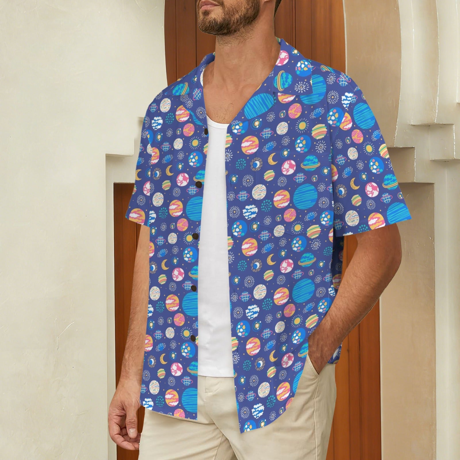 Planets On Blue Men's Hawaiian Shirt