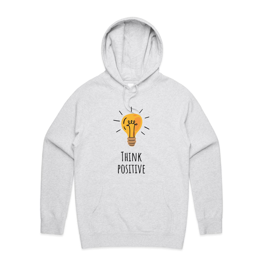 Think Positive, Light Bulb - Mens Hoodie White Marle Mens Hoodie Positivity Printed In Australia