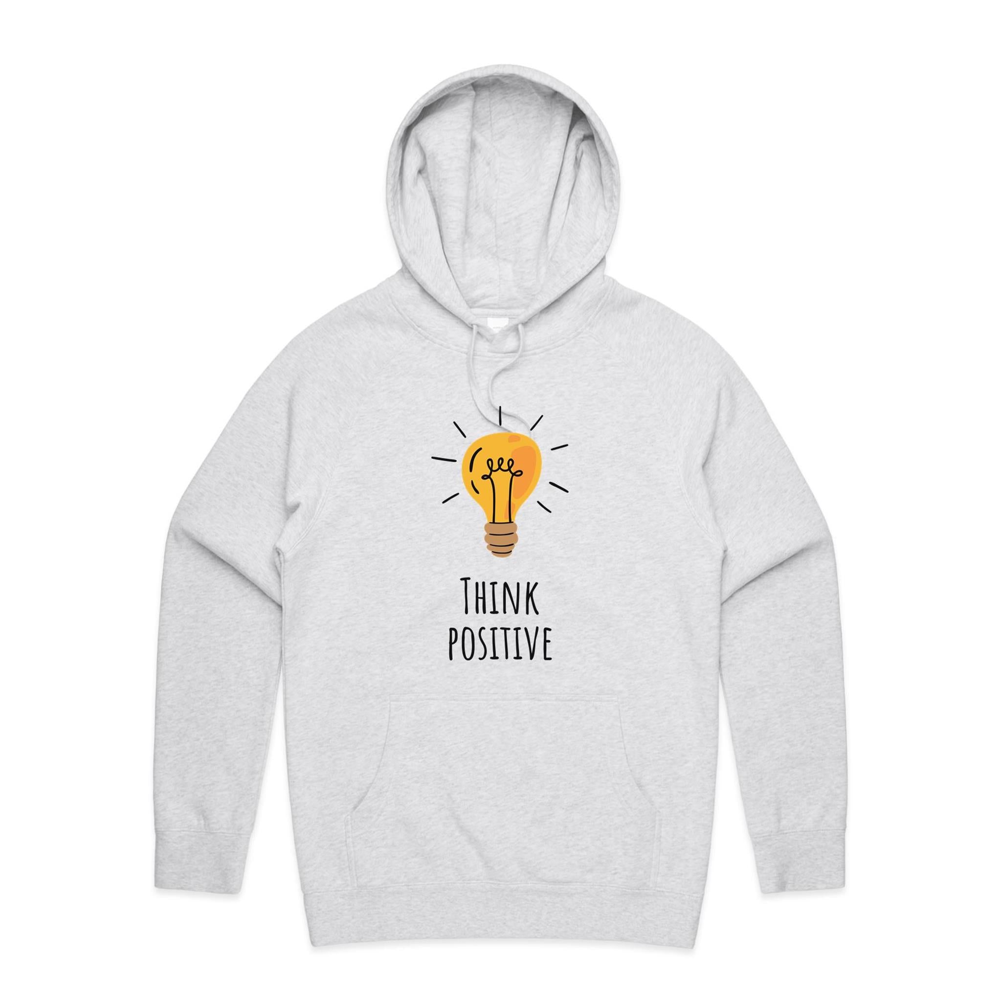 Think Positive, Light Bulb - Mens Hoodie White Marle Mens Hoodie Positivity Printed In Australia