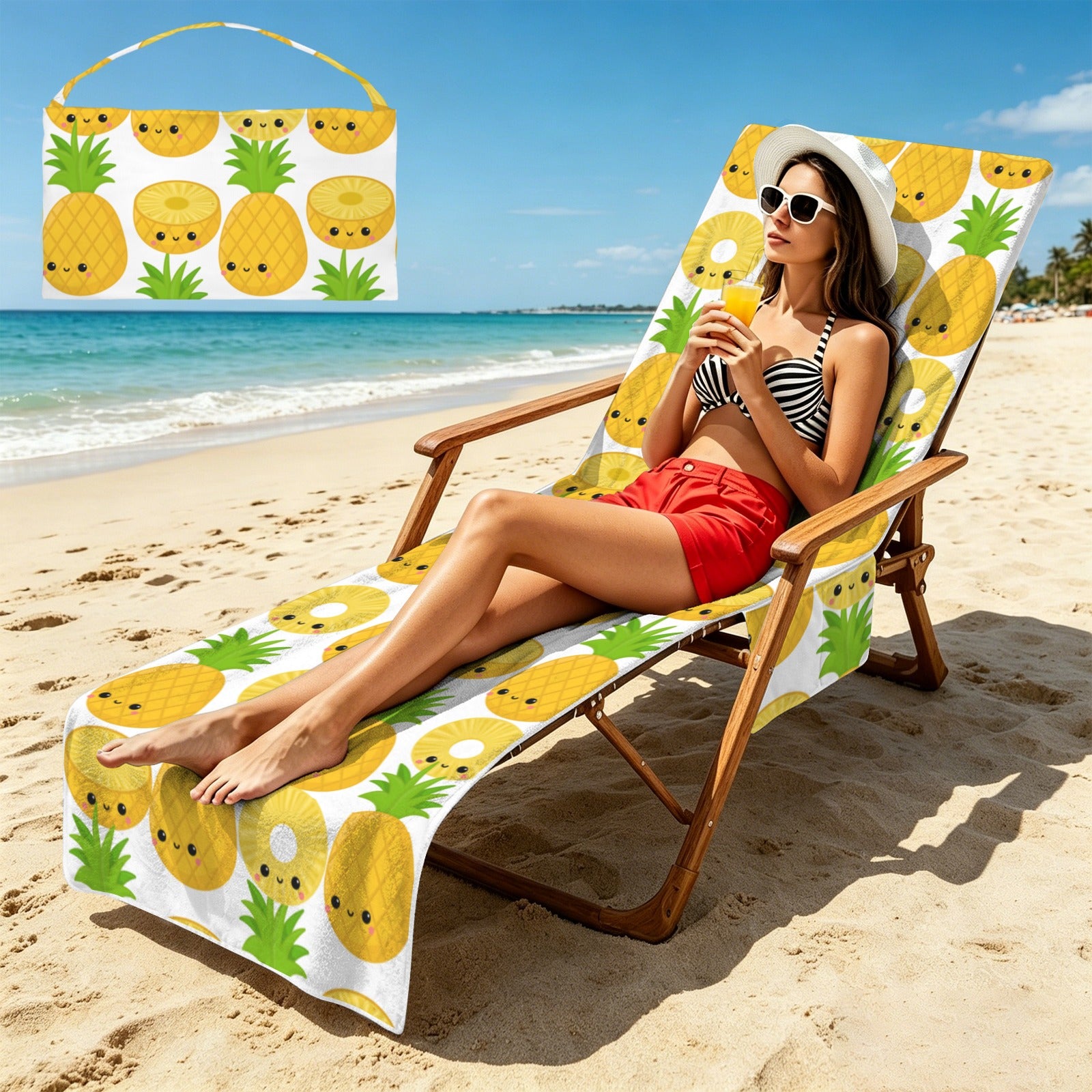 Happy Pineapples Beach Chair Towel Cover with Side Pockets