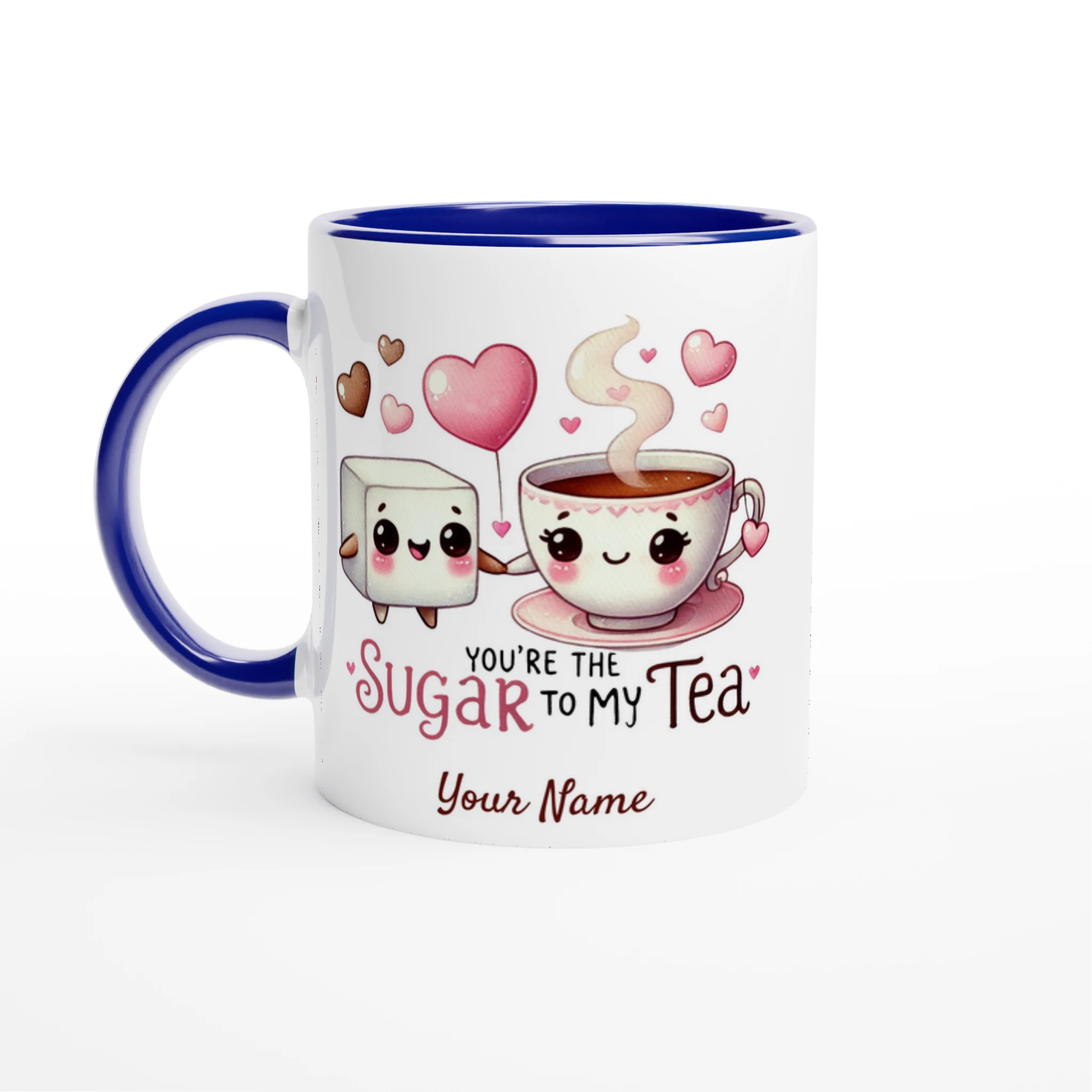 Personalised - You're The Sugar To My Tea, Valentine - White 11oz Ceramic Mug with Colour Inside Ceramic Blue Personalised 11oz Mug