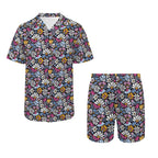 Graphic Flowers On Black Men's Hawaiian Shirt & Shorts Set Men's Hawaiian Shirt & Shorts Set Plants Printed Offshore