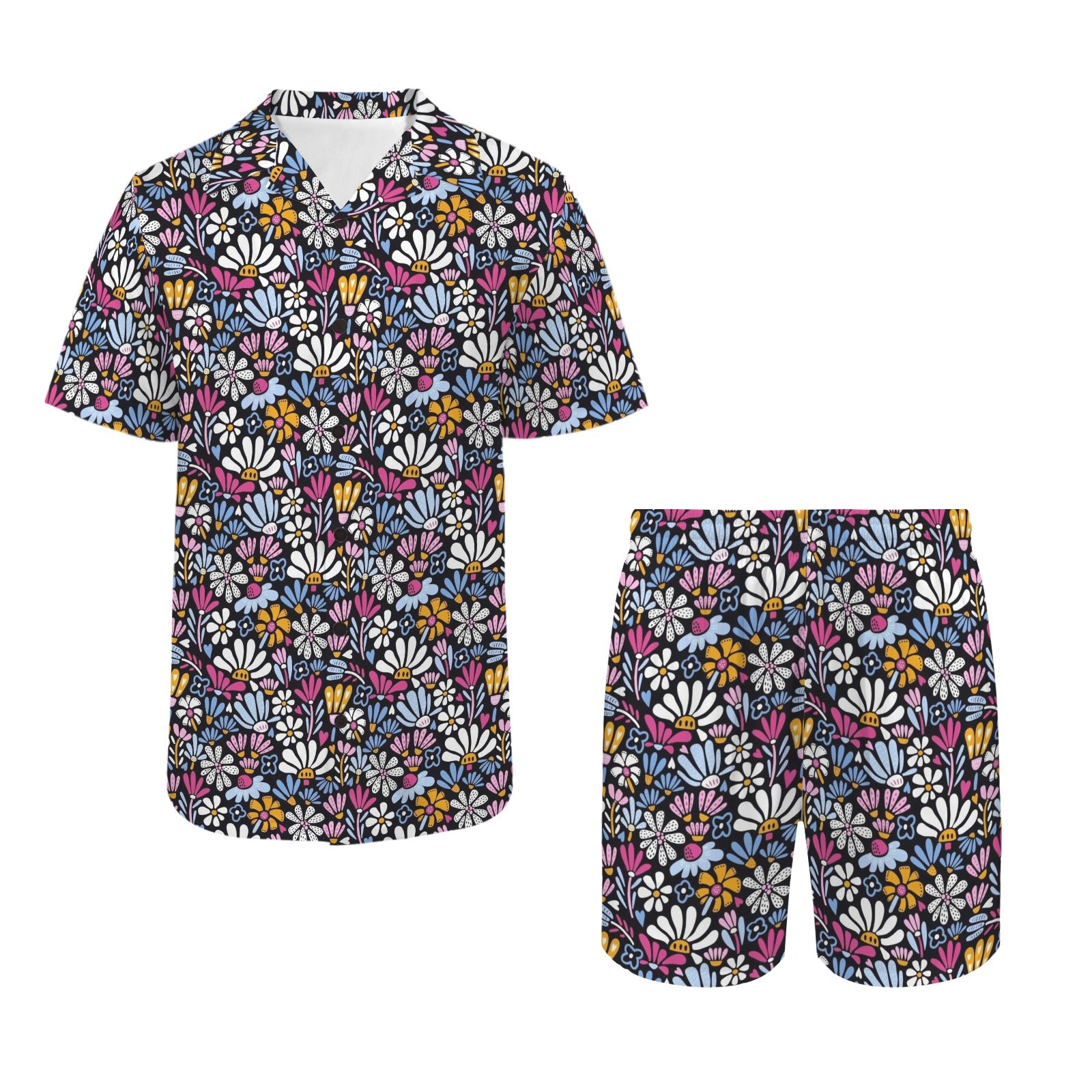 Graphic Flowers On Black Men's Hawaiian Shirt & Shorts Set Men's Hawaiian Shirt & Shorts Set Plants Printed Offshore