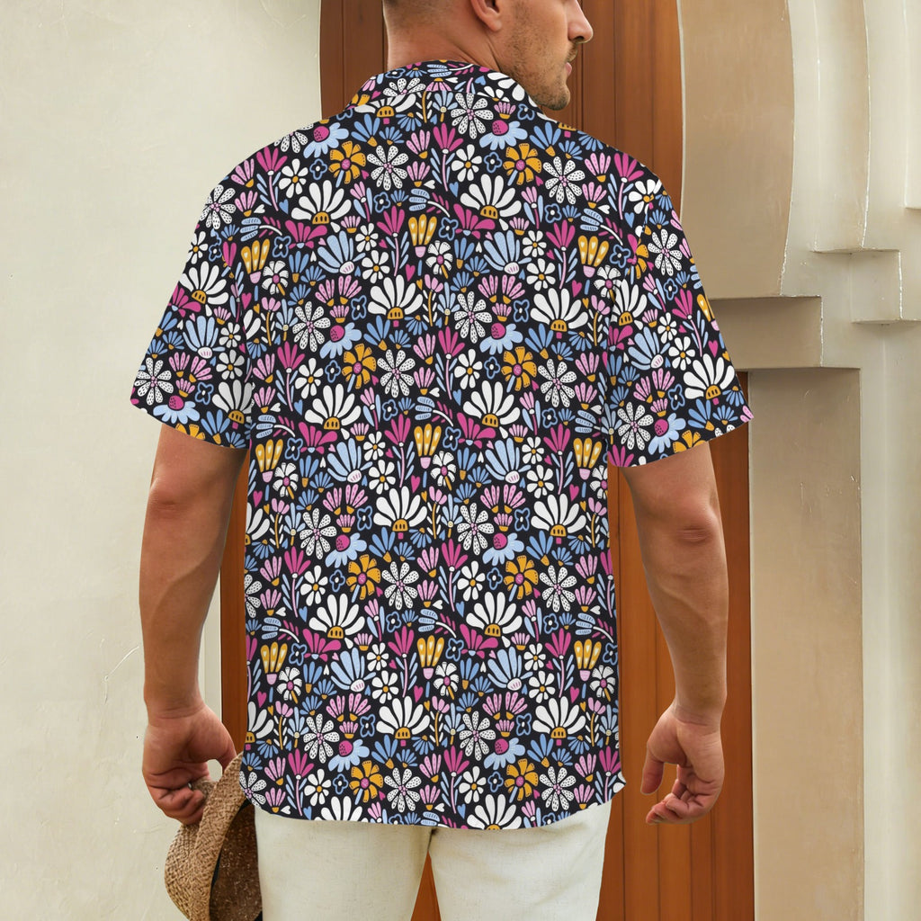 Graphic Flowers On Black Large MMen's Short Sleeve Hawaiian Shirt Men's Hawaiian Shirt (New) Plants Printed Offshore