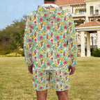 Tropical Flowers On White Men's Lightweight Sun Hoodie & Shorts Set Men's Lightweight Sun Hoodie & Shorts Plants Printed Offshore