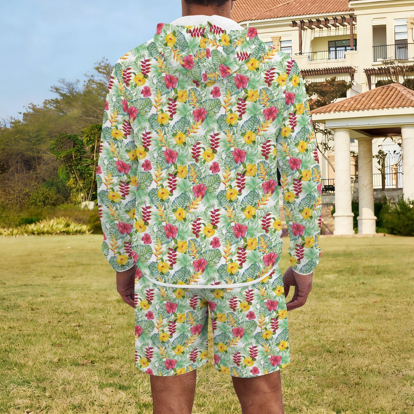 Tropical Flowers On White Men's Lightweight Sun Hoodie & Shorts Set Men's Lightweight Sun Hoodie & Shorts Plants Printed Offshore
