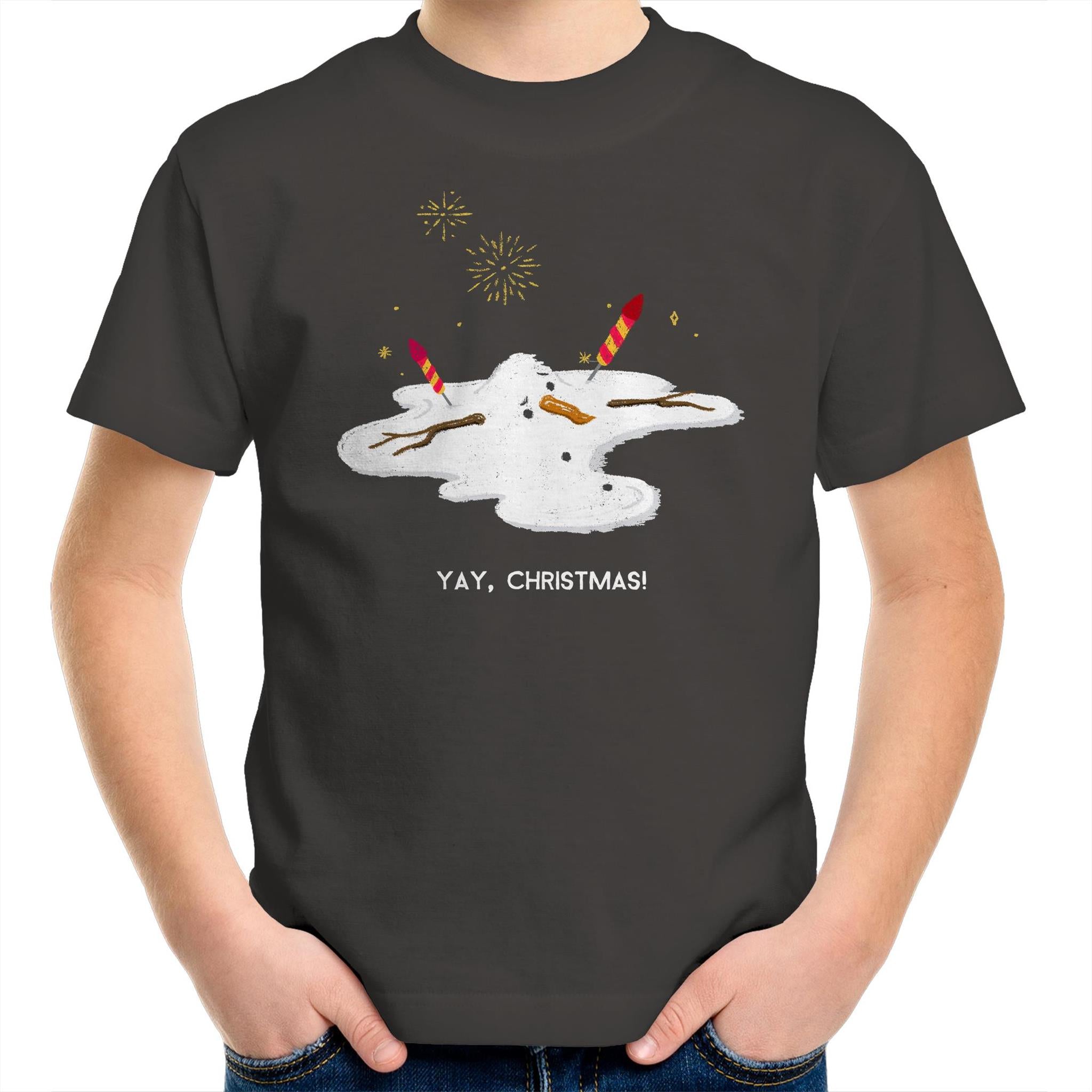 Melting Snowman, Yay Christmas - Kids Youth T-Shirt Charcoal Kids Christmas T-shirt Christmas Printed In Australia