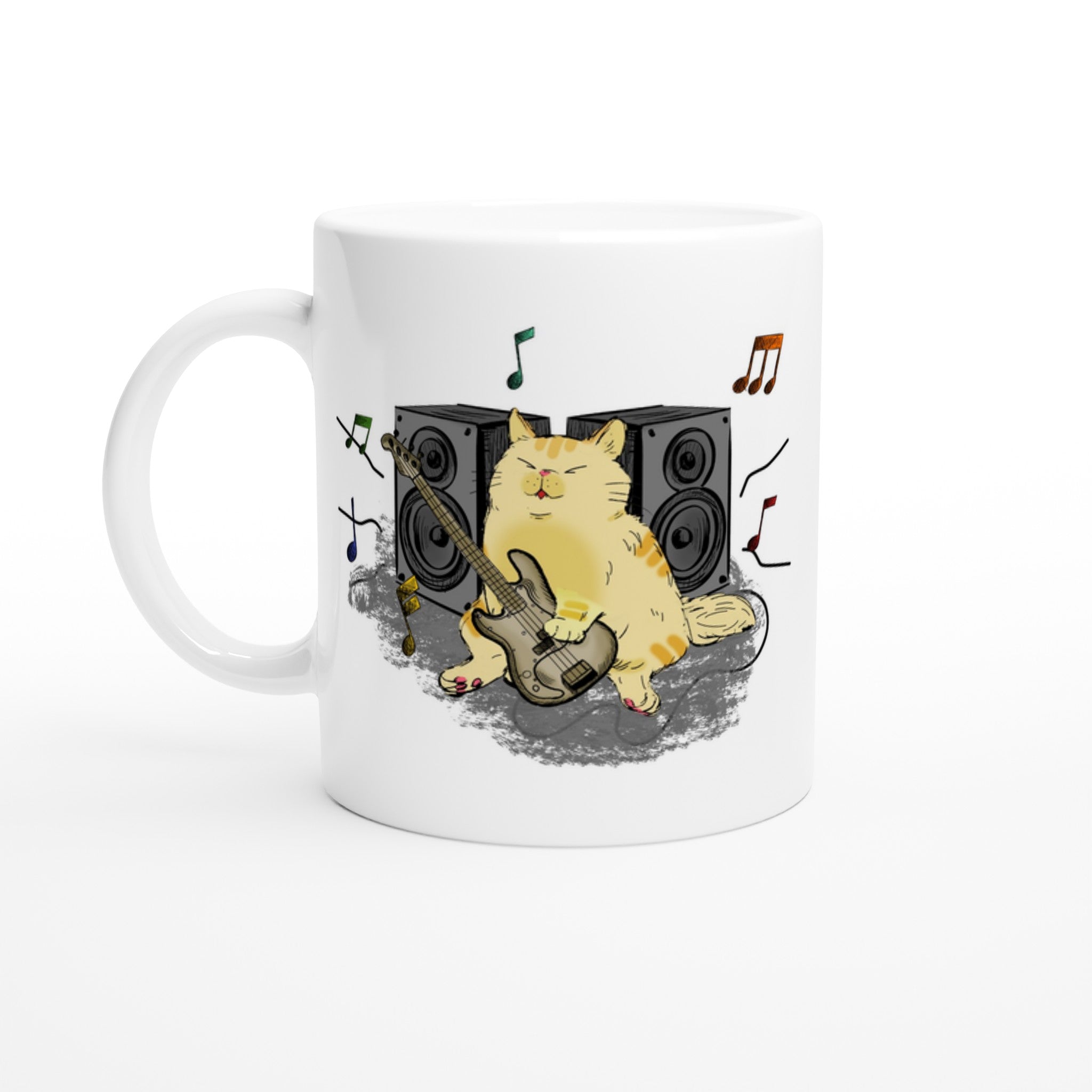 Cat Bass Player - White 11oz Ceramic Mug Default Title White 11oz Mug animal Globally Fulfilled Music