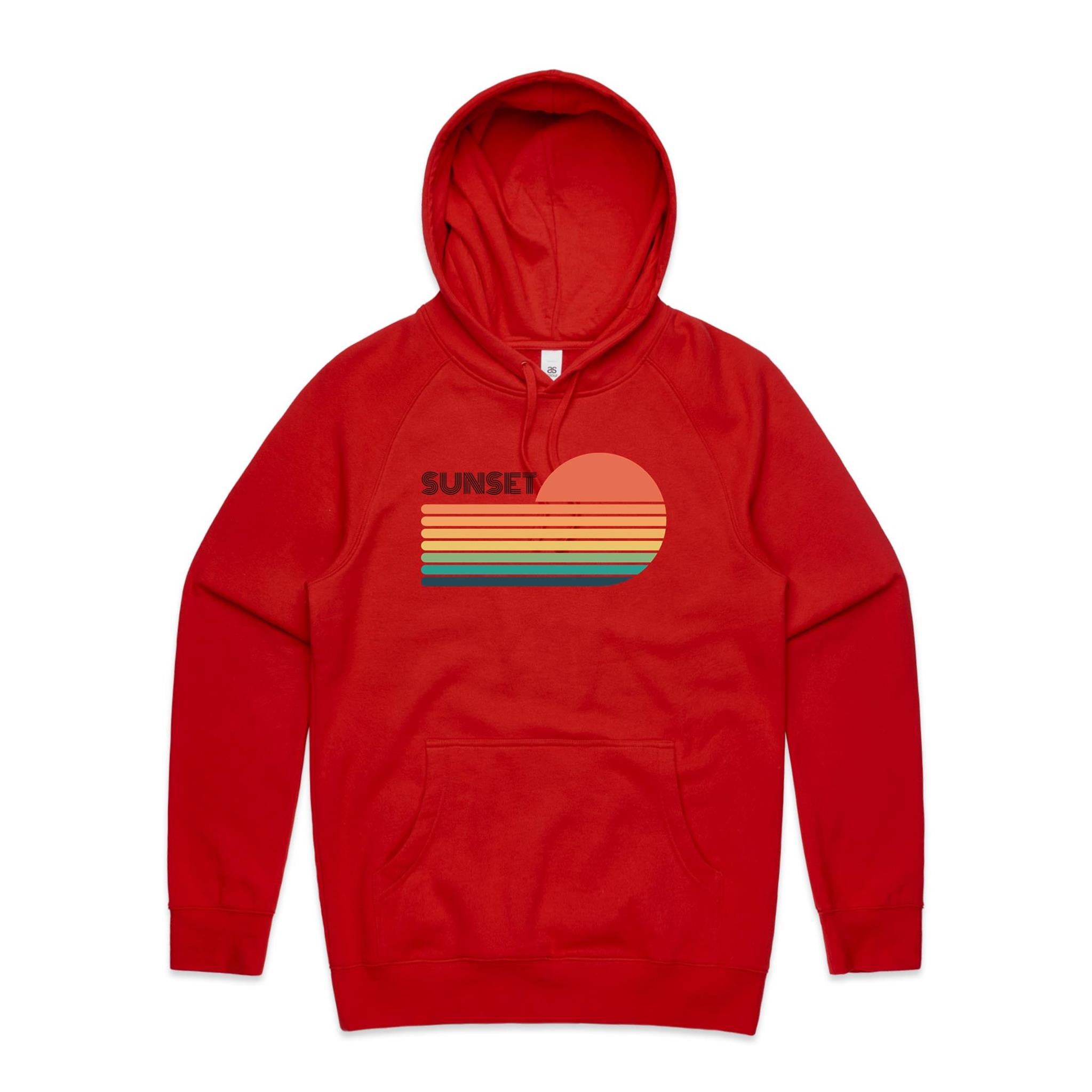 Retro Sunset - Mens Hoodie Red Mens Hoodie Printed In Australia Retro