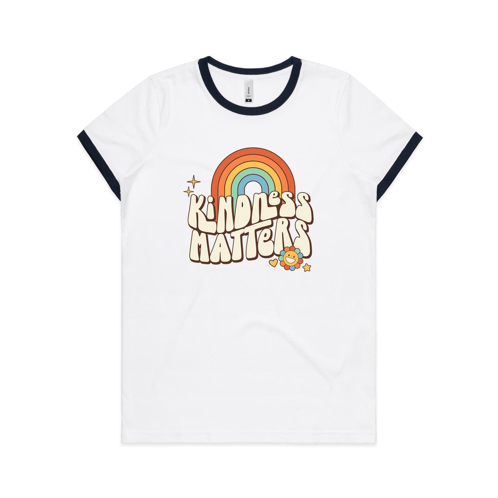 Kindness Matters - Women's Ringer Tee White Navy Womens Ringer T-shirt Kindness Positivity Printed In Australia Retro