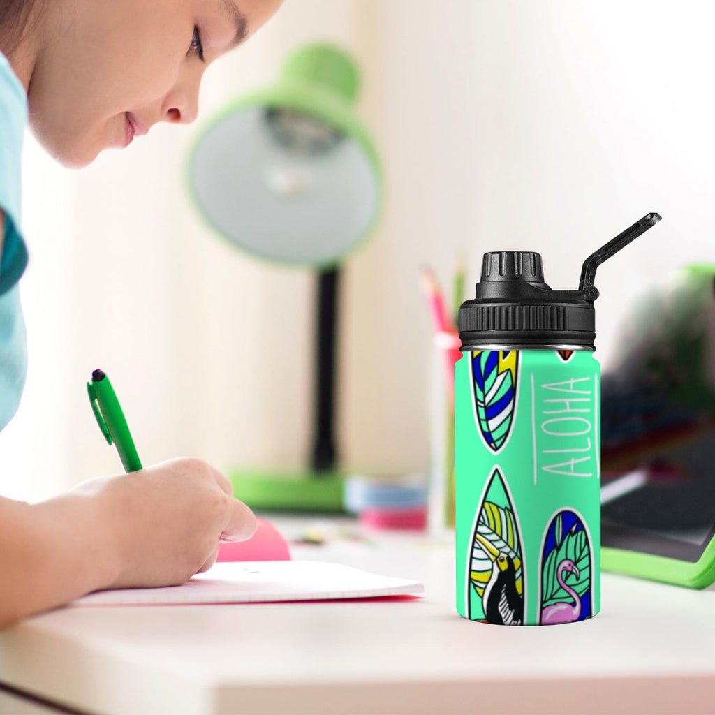 Surfboards Kids Water Bottle with Chug Lid (12 oz) Kids Water Bottle with Chug Lid Printed Offshore Summer Surf