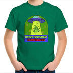 Merry Christmas Earthlings, UFO - Kids Youth T-Shirt Kelly Green Kids Christmas T-shirt Christmas Printed In Australia