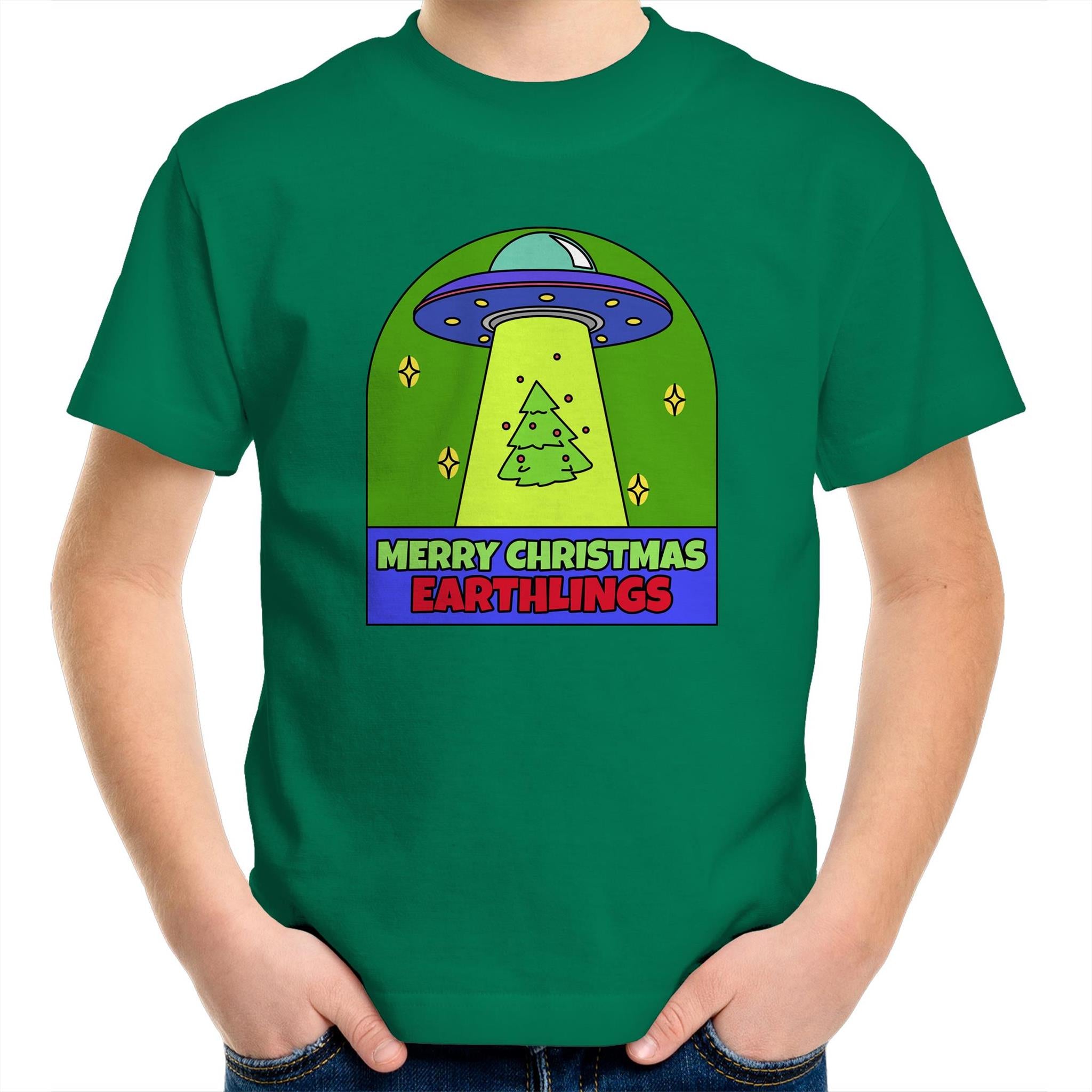 Merry Christmas Earthlings, UFO - Kids Youth T-Shirt Kelly Green Kids Christmas T-shirt Christmas Printed In Australia