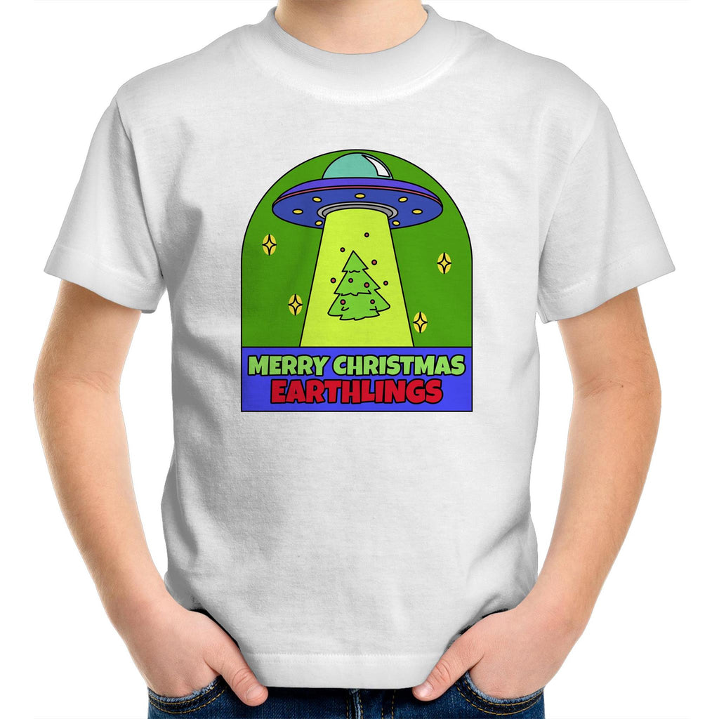 Merry Christmas Earthlings, UFO - Kids Youth T-Shirt White Kids Christmas T-shirt Christmas Printed In Australia