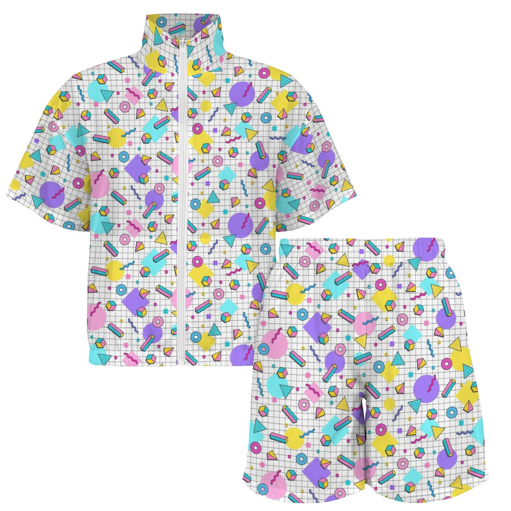 80's Grid Women's Windbreaker Short Set Women's Windbreaker Short Set Printed Offshore Retro