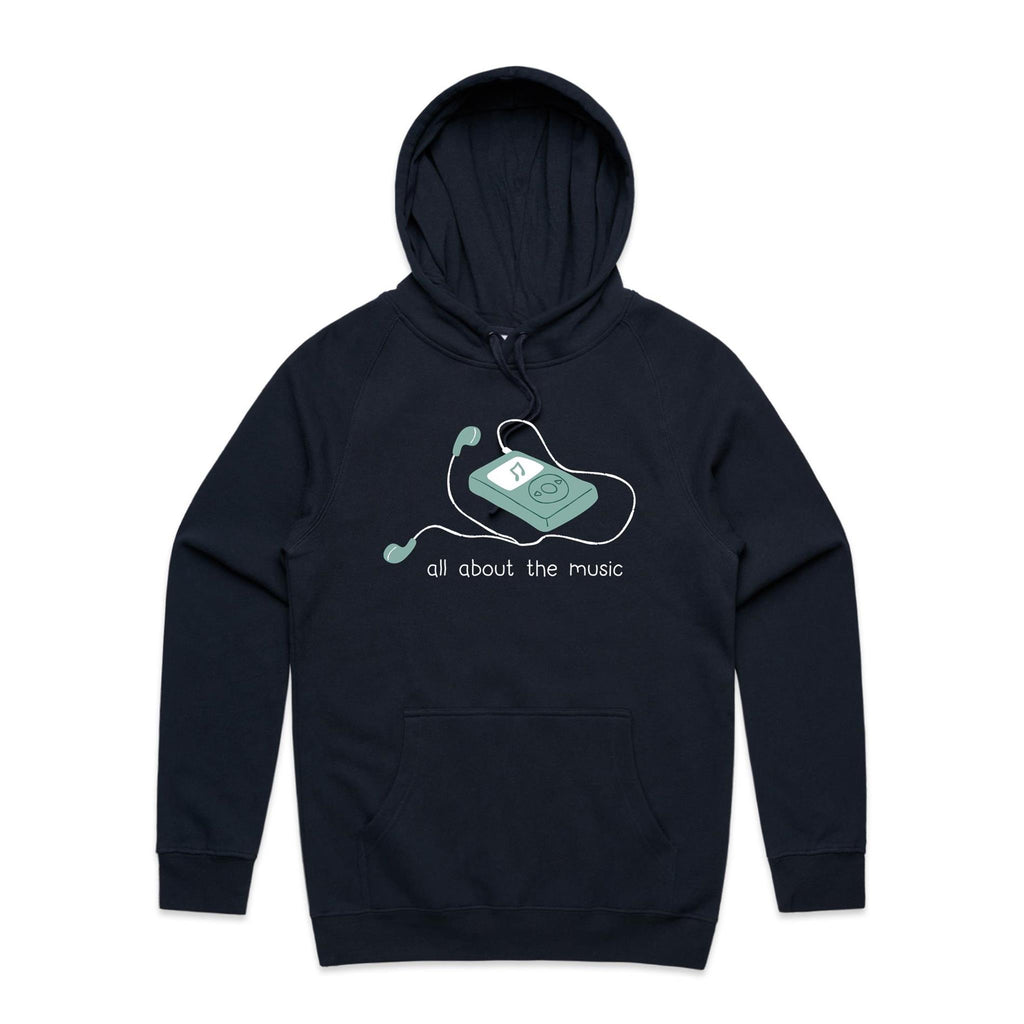 All About The Music, Earbuds - Mens Hoodie Navy Mens Hoodie Music Printed In Australia