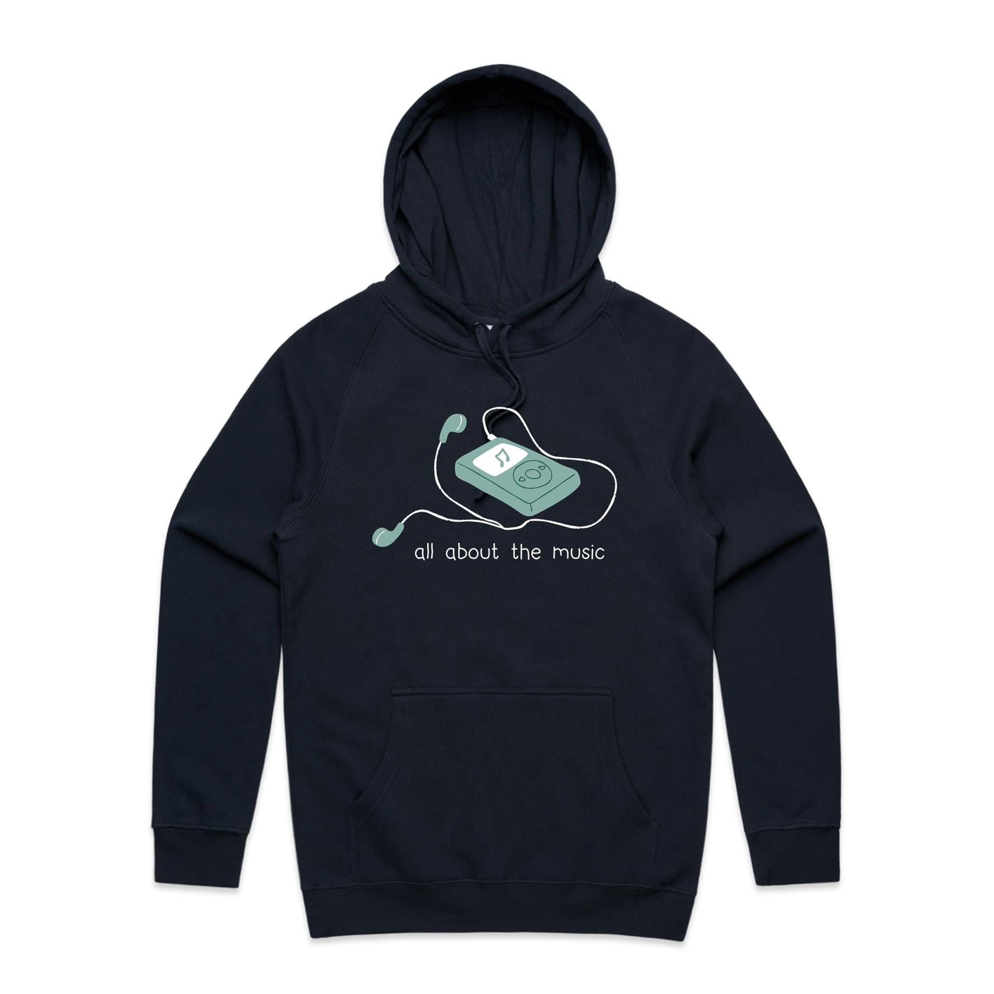 All About The Music, Earbuds - Mens Hoodie Navy Mens Hoodie Music Printed In Australia