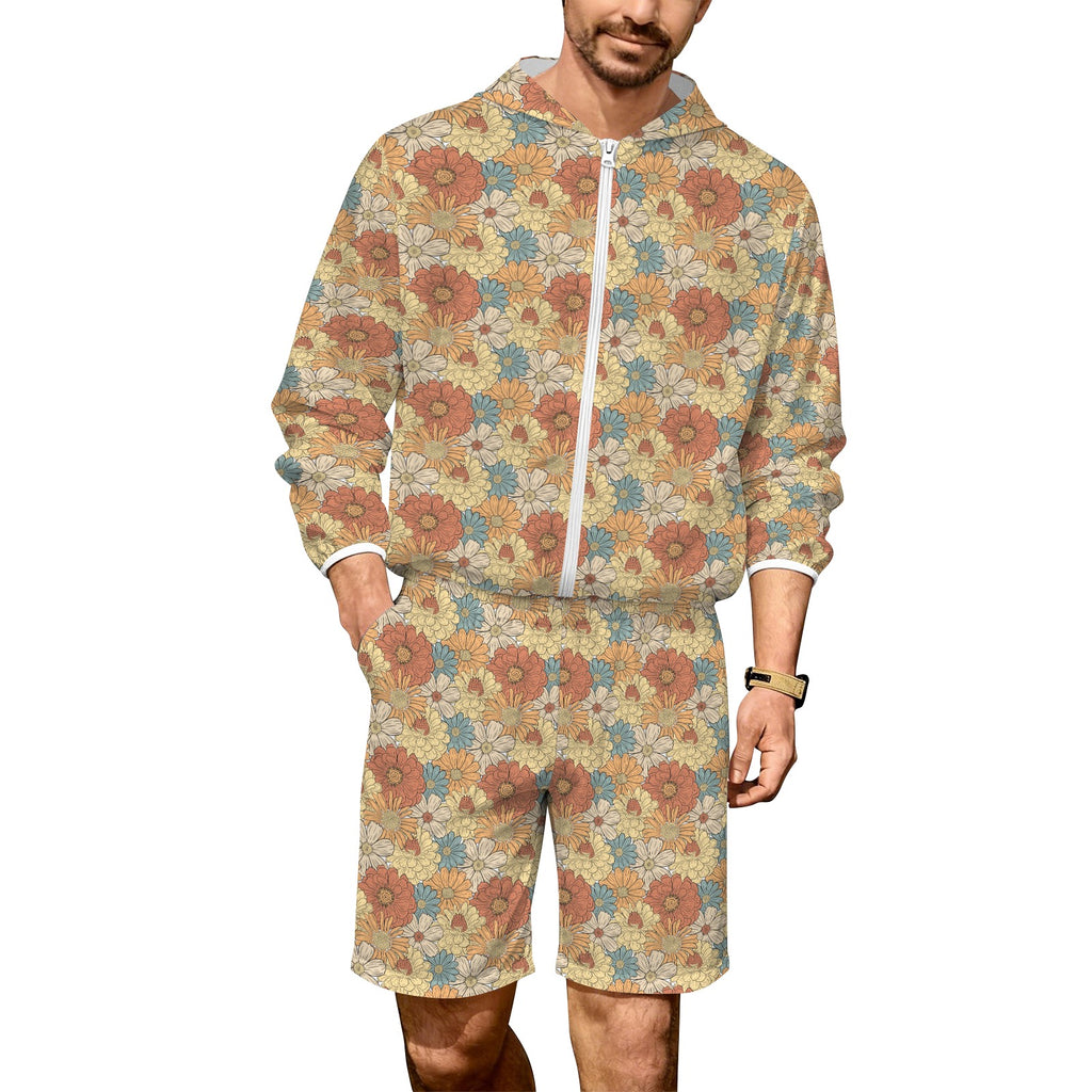 Vintage Retro Floral Men's Lightweight Sun Hoodie & Shorts Set 4XL Men's Lightweight Sun Hoodie & Shorts Plants Printed Offshore