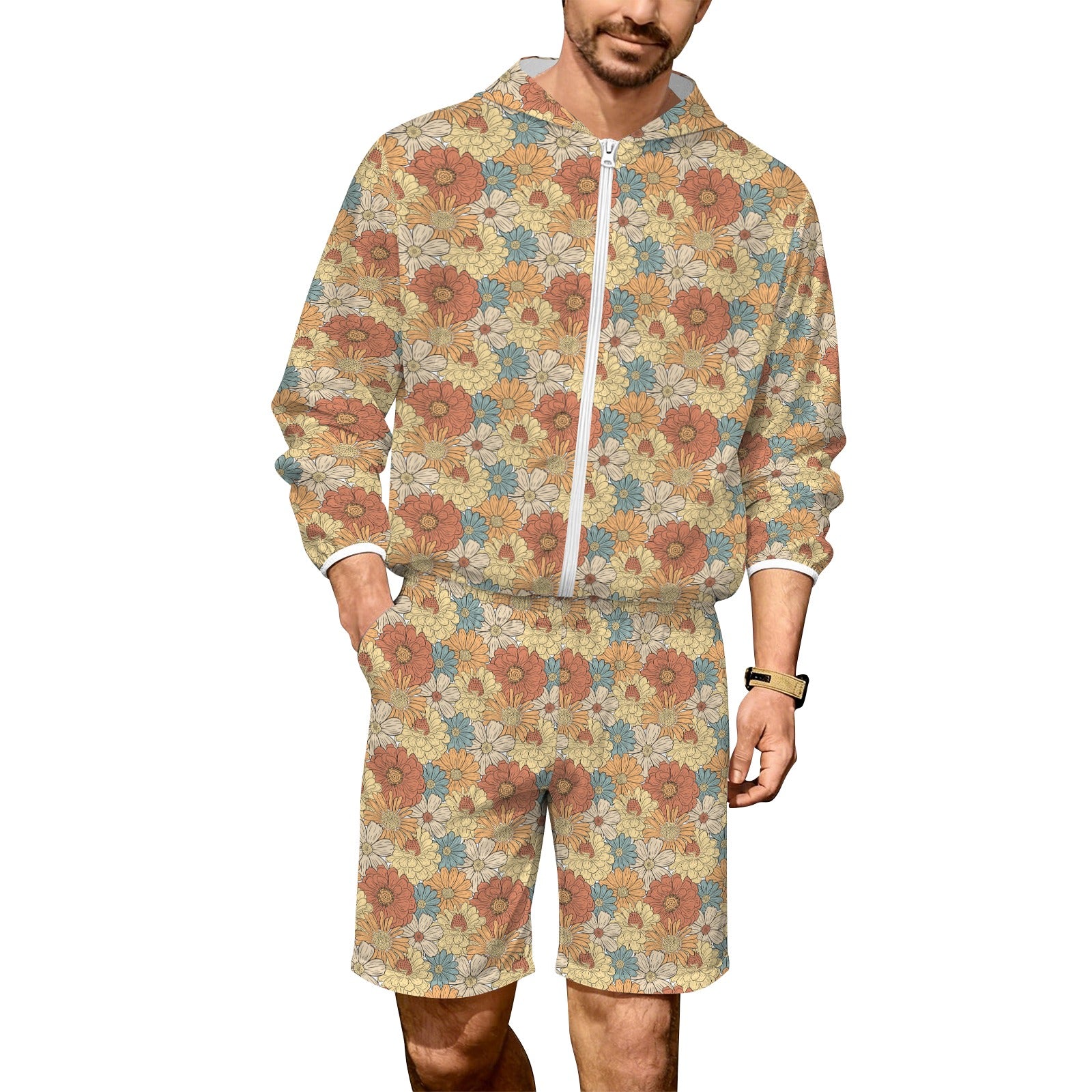 Vintage Retro Floral Men's Lightweight Sun Hoodie & Shorts Set 4XL Men's Lightweight Sun Hoodie & Shorts Plants Printed Offshore
