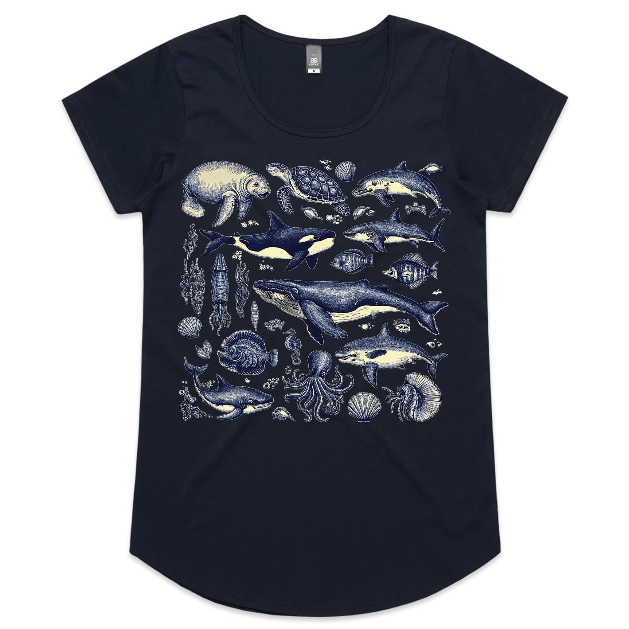 Sea Creatures - Womens Scoop Neck T-Shirt Navy Womens Scoop Neck T-shirt animal Printed In Australia
