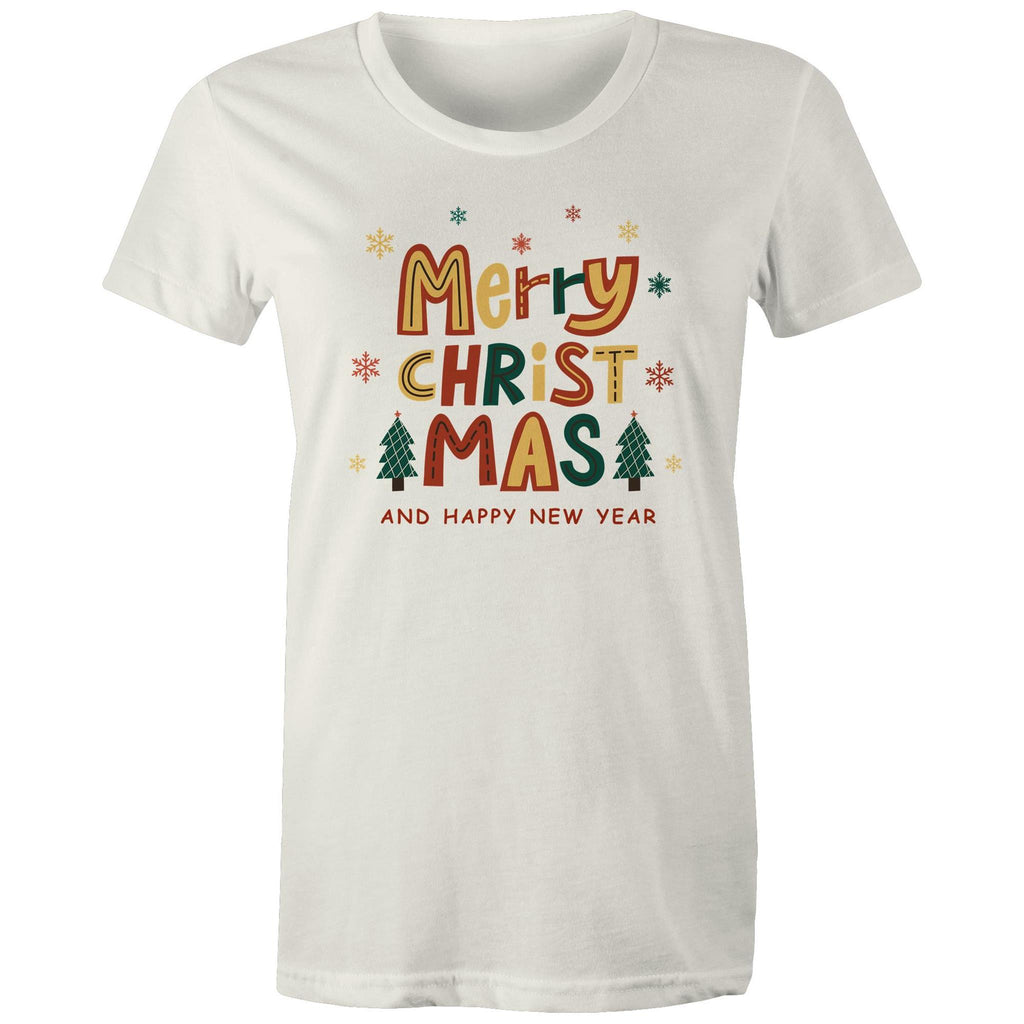 Merry Christmas And Happy New Year - Womens T-shirt Natural Womens Christmas T-shirt Christmas Printed In Australia
