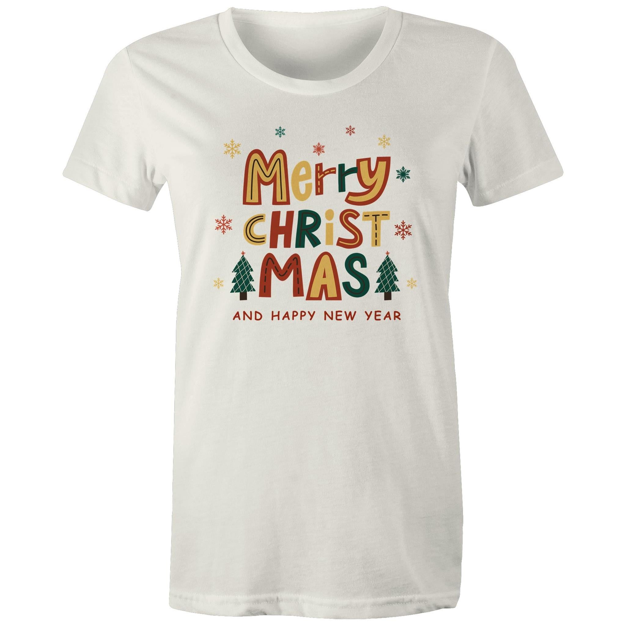 Merry Christmas And Happy New Year - Womens T-shirt Natural Womens Christmas T-shirt Christmas Printed In Australia