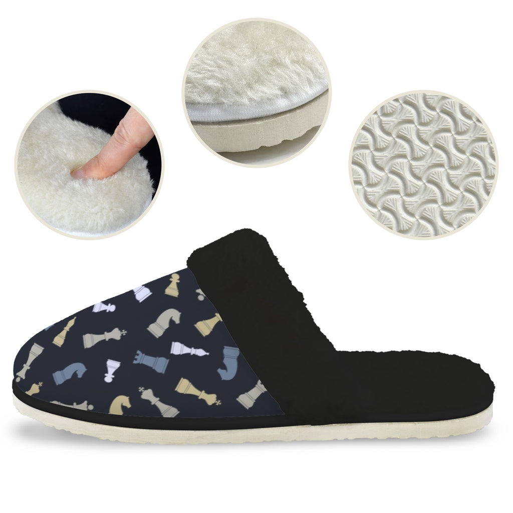 Chess Pattern Men's Fur Trim Thick-Sole Indoor Slippers Men's Fur Trimmed Slippers Chess Games Printed Offshore