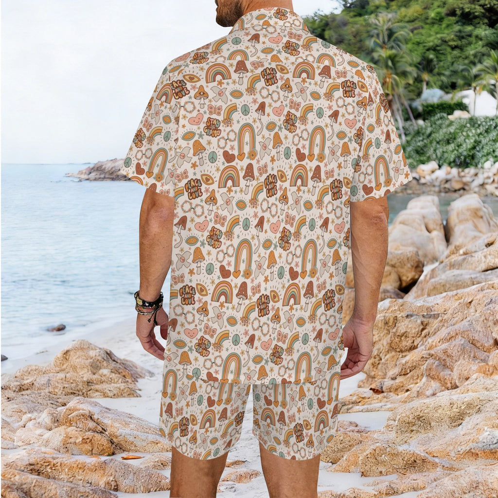 Peace And Love Men's Hawaiian Shirt & Shorts Set Men's Hawaiian Shirt & Shorts Set Printed Offshore Retro