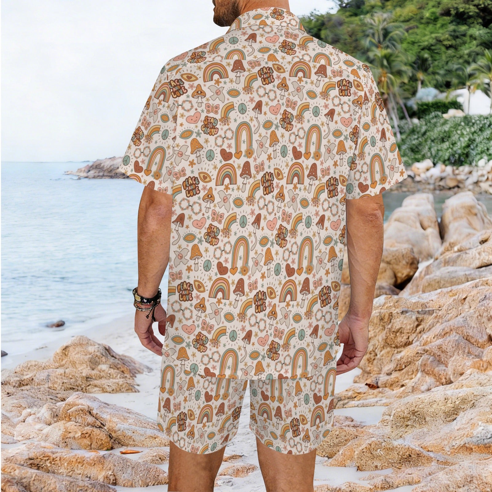 Peace And Love Men's Hawaiian Shirt & Shorts Set Men's Hawaiian Shirt & Shorts Set Printed Offshore Retro