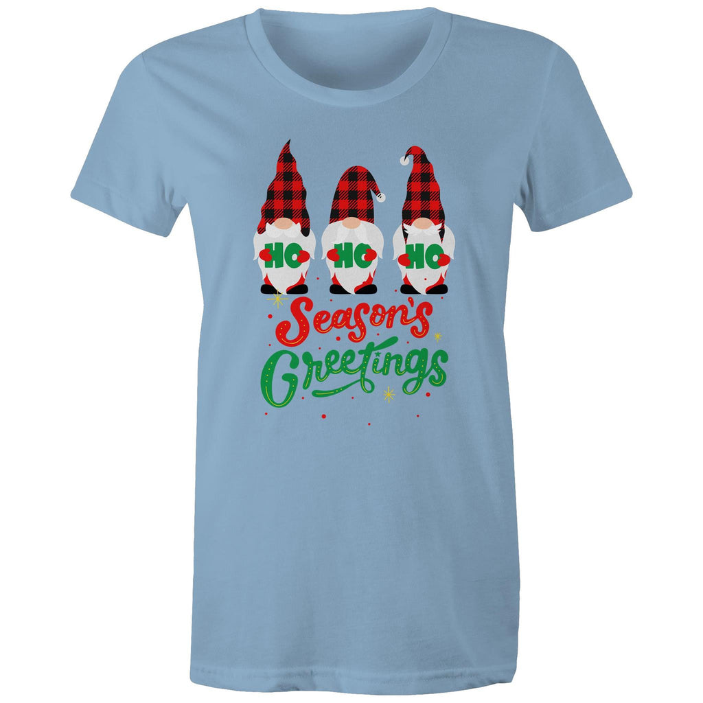 Christmas Gnomes, Seasons Greetings - Womens T-shirt Carolina Blue Womens Christmas T-shirt Christmas Printed In Australia