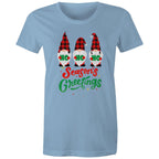 Christmas Gnomes, Seasons Greetings - Womens T-shirt Carolina Blue Womens Christmas T-shirt Christmas Printed In Australia