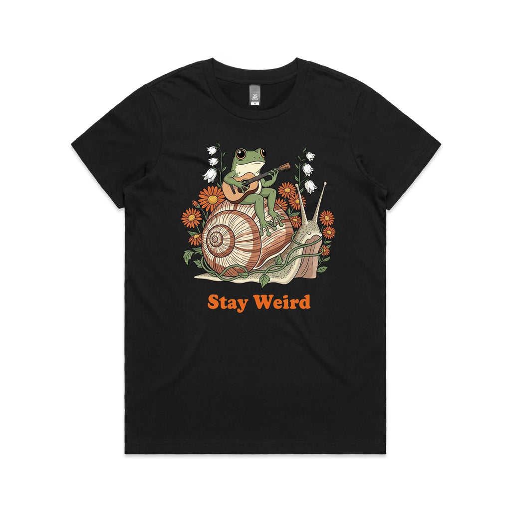 Stay Weird, Guitar Playing Frog On A Snail Women's AS Colour T-shirt Black Womens T-shirt animal Music Printed In Australia