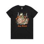 Stay Weird, Guitar Playing Frog On A Snail Women's AS Colour T-shirt Black Womens T-shirt animal Music Printed In Australia