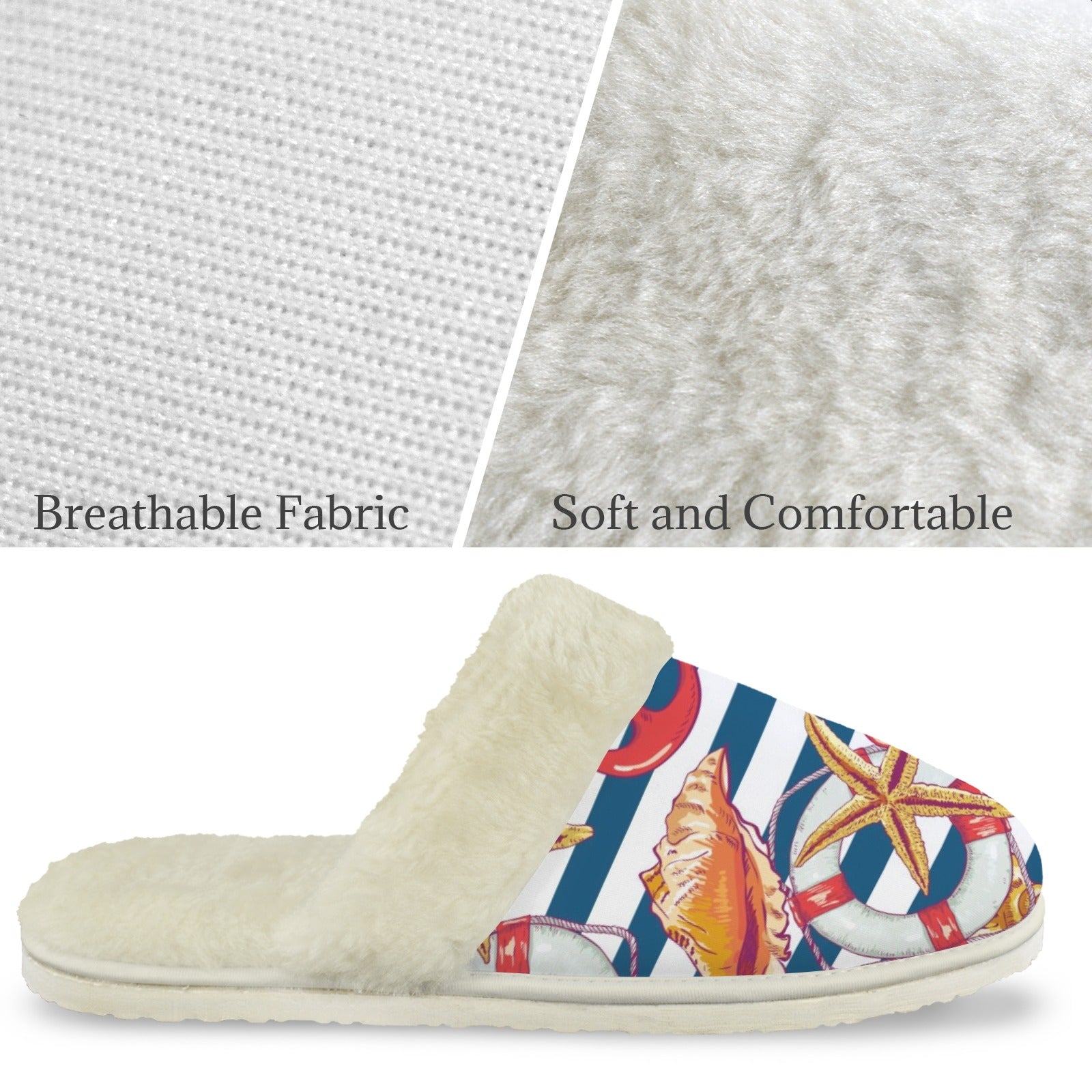 Life At Sea Men's Fur Trim Thick-Sole Indoor Slippers Men's Fur Trimmed Slippers Ocean Printed Offshore