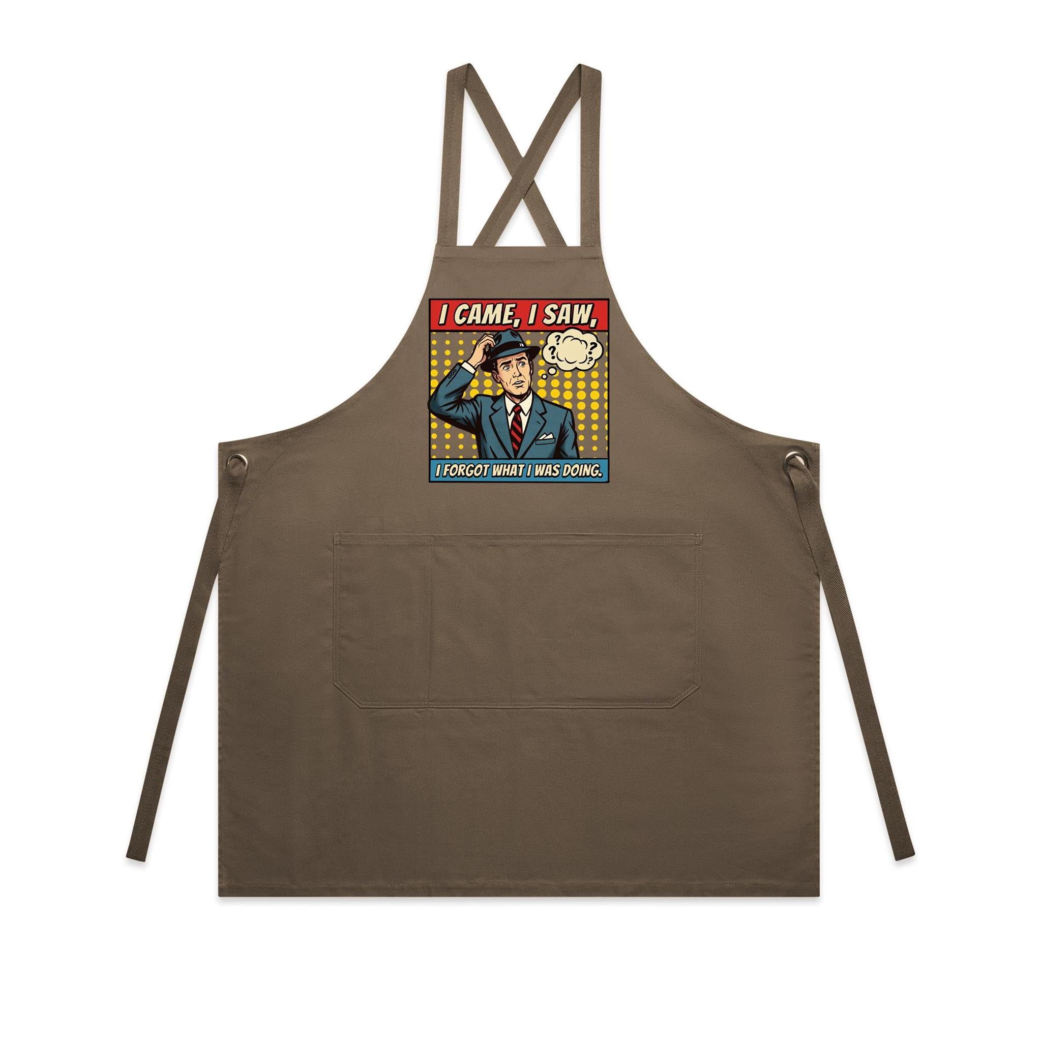 I Came, I Saw, I Forgot What I Was Doing, Retro Gentleman - AS Colour Carrie Apron Walnut One Size Apron comic Printed In Australia