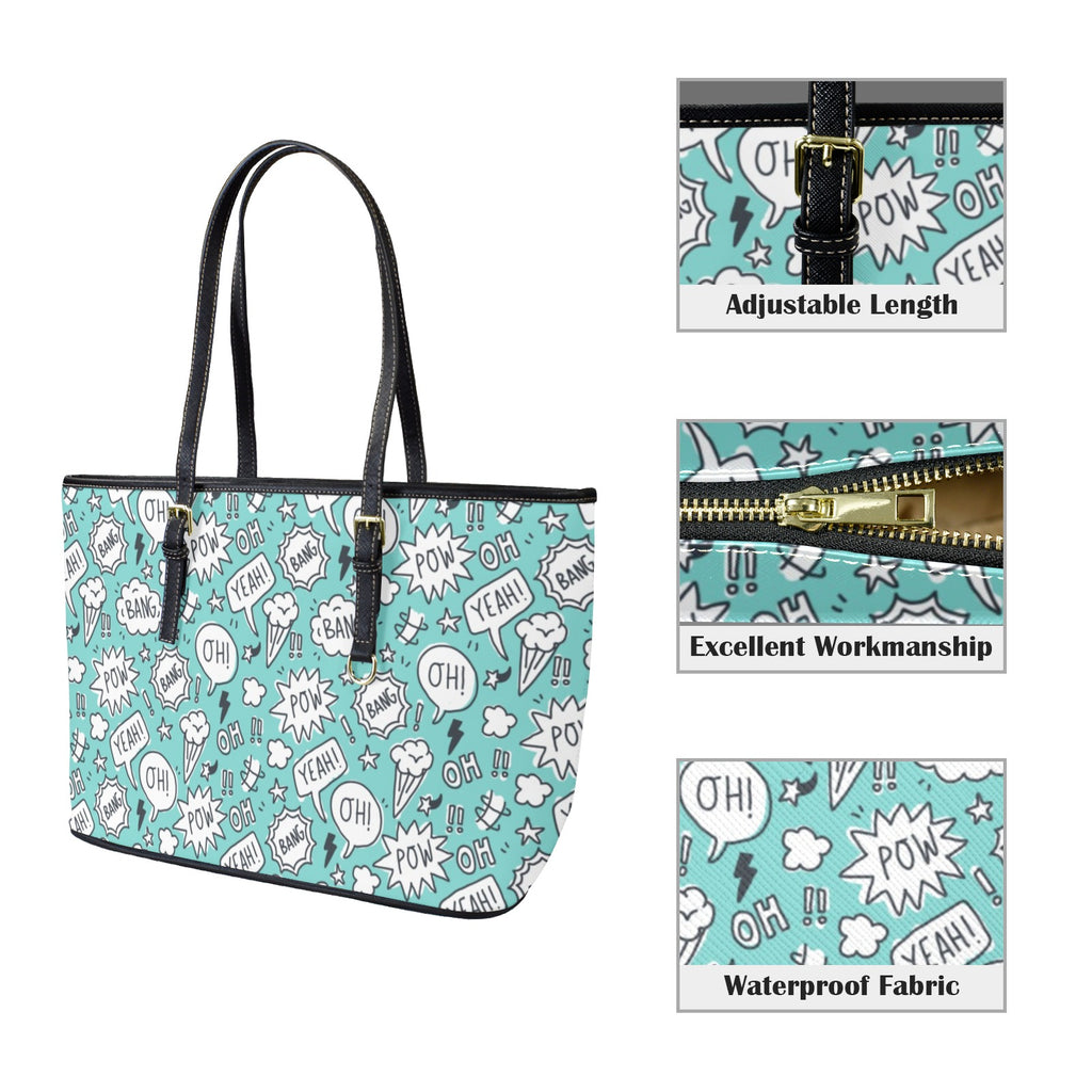 Comic Book Speech Bubbles - Leather Tote Bag-Large