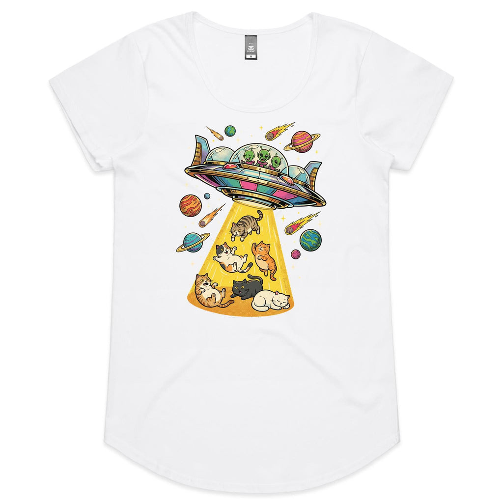 UFO Cat Abduction Women's AS Colour Scoop Neck T-Shirt White Womens Scoop Neck T-shirt animal Printed In Australia Sci Fi