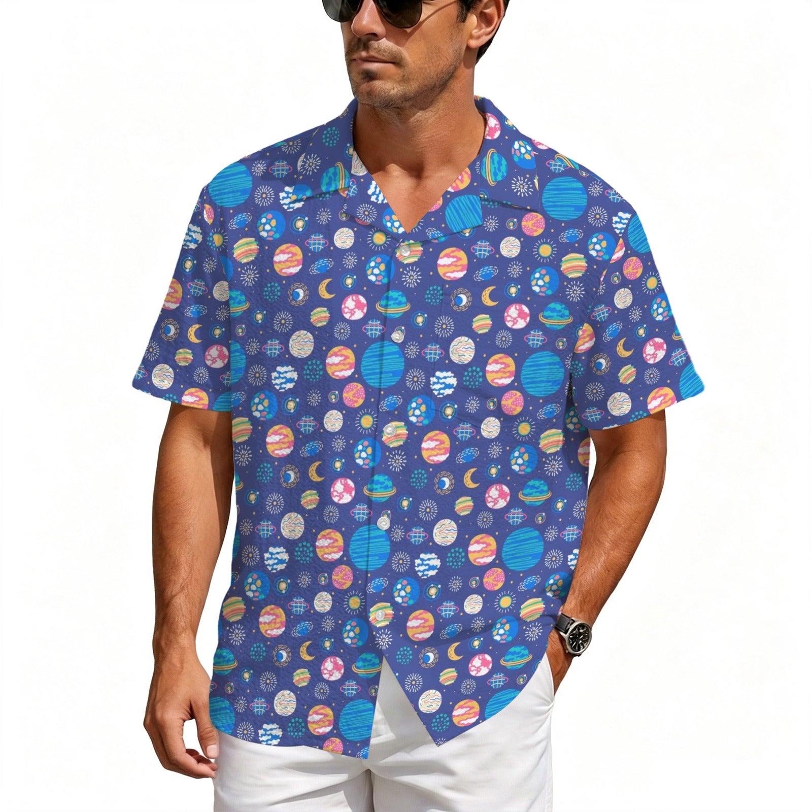 Planets On Blue Men's Crinkle Hawaiian Shirt