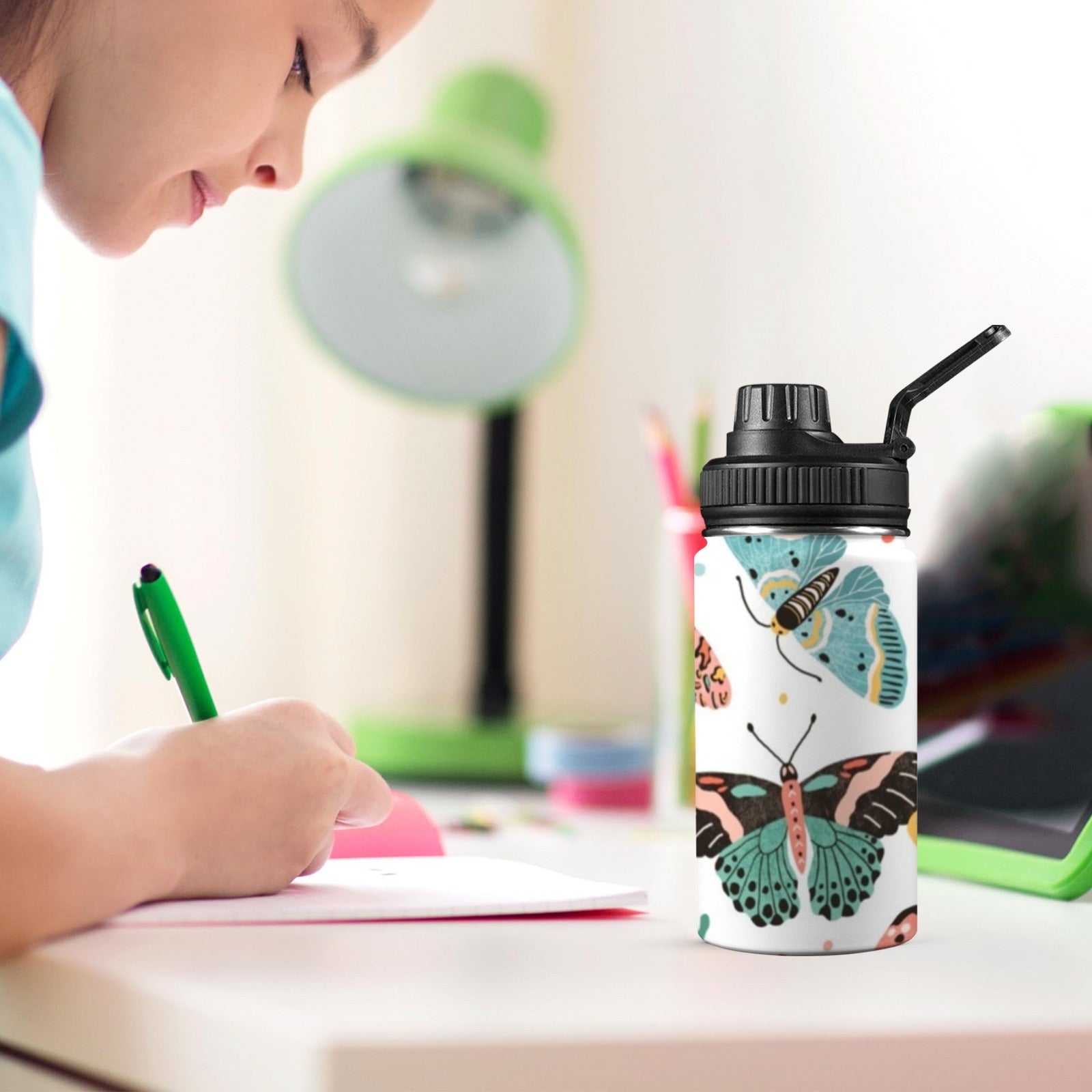 Pretty Moths And Butterflies Kids Water Bottle with Chug Lid (12 oz) Kids Water Bottle with Chug Lid animal Printed Offshore