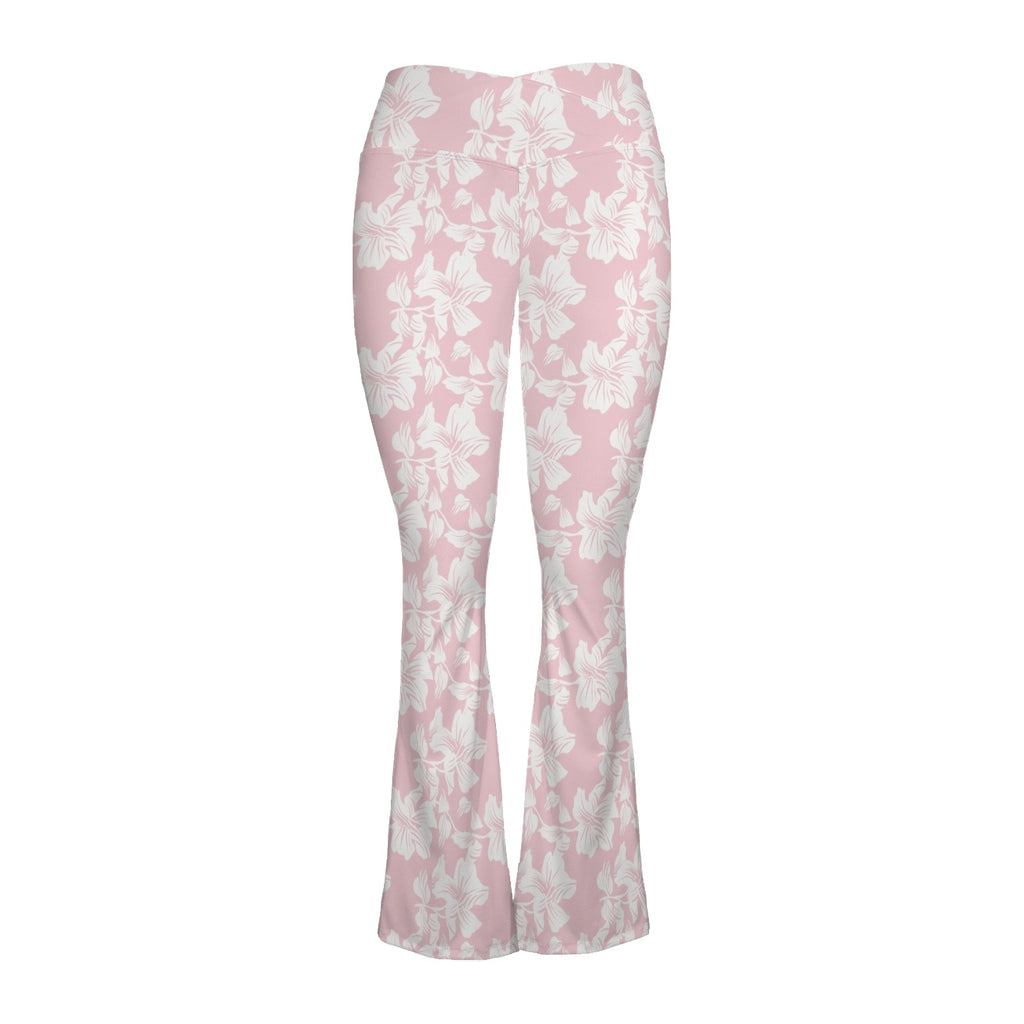 Pink Hawaiian Floral High Waist Crossover Tummy Control Flare Leggings High Waist Flare Leggings Plants Printed Offshore