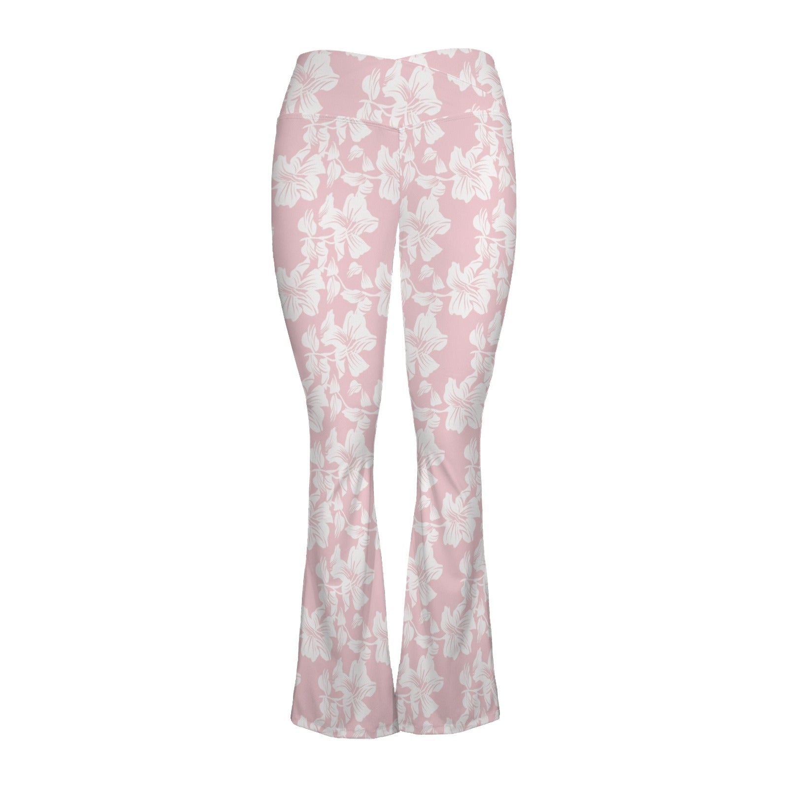 Pink Hawaiian Floral High Waist Crossover Tummy Control Flare Leggings High Waist Flare Leggings Plants Printed Offshore