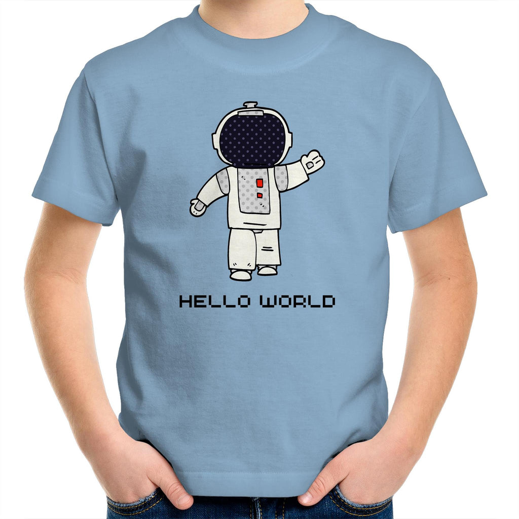 Astronaut, Hello World - Kids Youth T-Shirt Carolina Blue Kids Youth T-shirt Printed In Australia Space