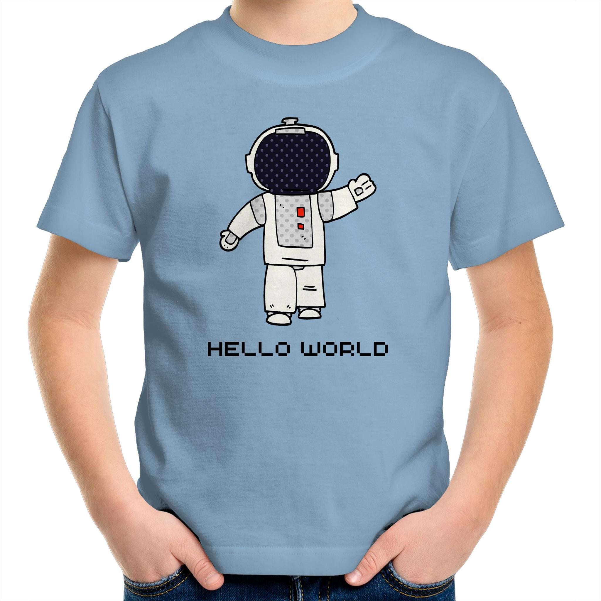 Astronaut, Hello World - Kids Youth T-Shirt Carolina Blue Kids Youth T-shirt Printed In Australia Space
