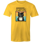 Shhh, My Coffee And I Are Having A Moment, Cat - Mens T-Shirt Yellow Mens T-shirt animal Coffee Printed In Australia